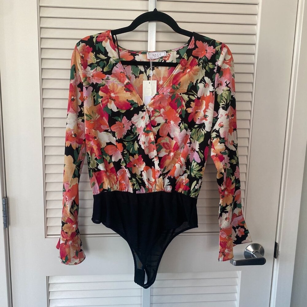 NWT Sage the Label Floral Wrap Front Blouse Bodysuit, Pink Red, Size S